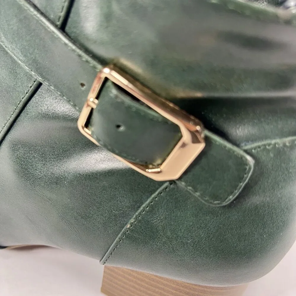 Charter Club Katiaa Green Ankle Boots Size 8.5M Gold Buckle Block Heel
